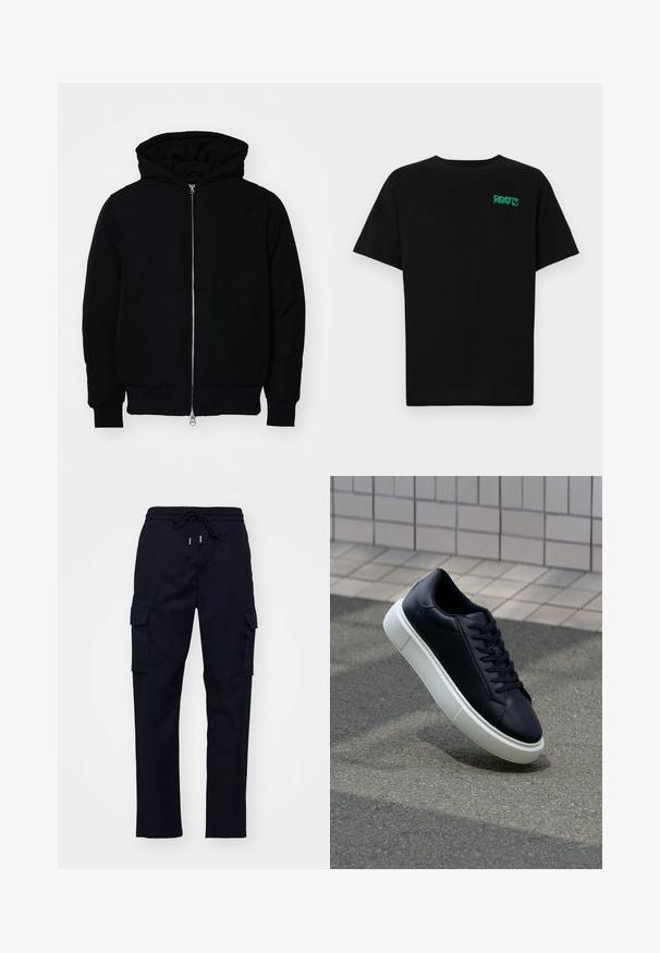 Juodas gobtuvėlis su priekiniu užtrauktuku, kengūros tipo kišene, lygiais rankogaliais ir apvadu, pateiktas ant vientiso balto fono.; Juodas medvilninis marškinėliai trumpomis rankovėmis. Priekyje yra žalias „ROOTS“ logotipas, apvalus iškirpimas ir standartinė prigludimo forma.; Juodai cargo kelnės su elastine juosta, raišteliu ir dviem šoninėmis kišenėmis. Lygus audinys su siaurėjančiomis kojomis.; Juodas odinis sportbačius su apvaliu pirštu ir baltu gumuotu padu. Turi plokščias raišteles ir minimalų siuvimą viršuje. Padangos tekstūra užtikrina sukibimą.