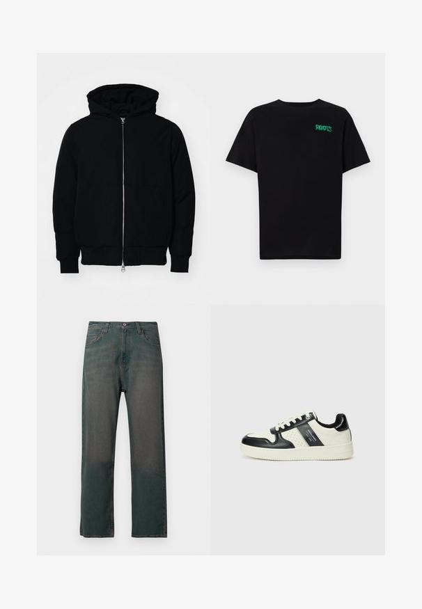 Fekete kapucnis dzseki elülső cipzárral, kenguruzsebbel, bordázott mandzsettákkal és aba, egy sima fehér háttér előtt.; Fekete, pamutból készült póló rövid ujjakkal. Elöl zöld "ROOTS" logóval, kerek nyakkivágással és normál szabással.; Sötétzöld farmernadrág egyenes szárú szabással, klasszikus öt zsebes kialakítással és kontrasztos varrással a varratok mentén.; Fekete és krém színű bőrsneaker, perforált díszítésekkel, párnázott bokapánttal és texturált talppal.