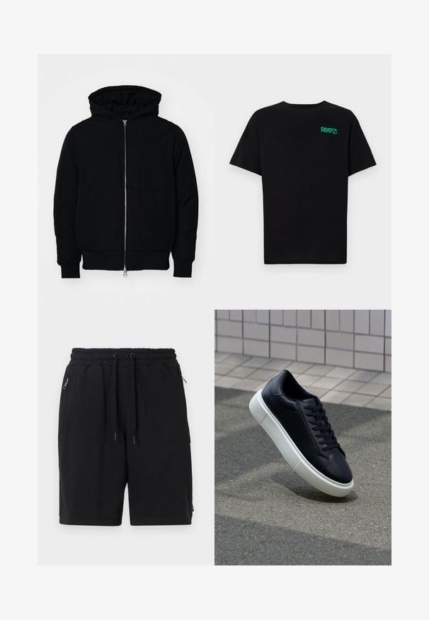 Zwarte hoodie met rits aan de voorkant, kangoeroe-pocket, geribbelde manchetten en zoom, weergegeven op een effen witte achtergrond.; Zwarte T-shirt van katoen met korte mouwen. Heeft een groen "ROOTS" logo op de voorkant, een ronde halslijn en een standaard pasvorm.; Zwarte shorts van zachte stof, met een elastische tailleband en trekkoord, twee zijzakken met rits en een eenvoudig ontwerp.; Zwarte leren sneaker met een ronde neus en een witte rubberen zool. Voorzien van platte veters en minimale stiksels op het bovenwerk. Textuurrijke zool voor grip.