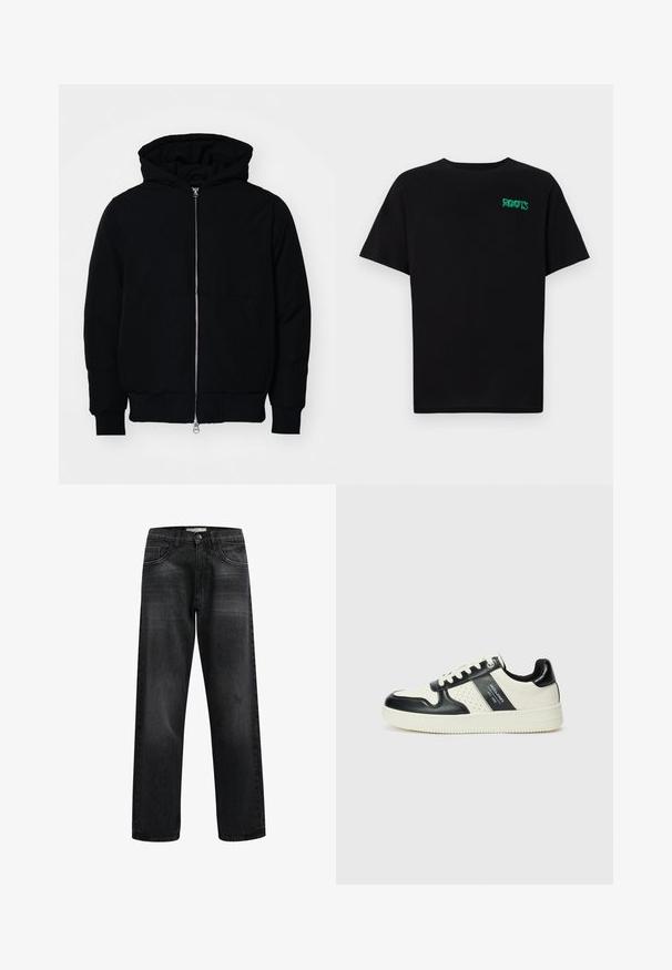 Svart hettejakke med frontglidelås, kengurulomme, ribbestrikket mansjetter og søm, vist på en ensfarget hvit bakgrunn.; svart t-skjorte laget av bomull med korte ermer. Har et grønt "ROOTS"-logo på forsiden, rund halsutringning og standard passform.; Sorte rette jeans laget av denim, med frontlommer, glidelås og subtil fading på stoffet. Ingen synlige logoer eller pynt.; Lædersneakers med sort og creme farveskema, der har perforerede detaljer, en polstret krave og en struktureret ydersål.