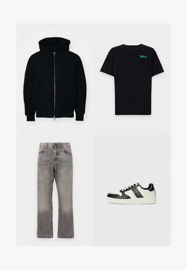 Mustaga kapuutsiga jakk, millel on esineed, kenguru tasku, soonikkoes, ja alläär, esitatud lihtsal valgel taustal.; Must t-särk, mis on valmistatud puuvillast, lühikeste varrukatega. Esipaneelil on roheline "ROOTS" logo, ümmargune kaelus ja tavapärane lõige.; Hallide denimi pükse, millel on veidi pleekinud viimistlus, sirge jala disain, tavaline viie tasku stiil ja klassikaline tõmbluku sulgemine.; Nahatud nahkkingad musta ja kreemi värviskeemiga, millel on perforeeritud aktsendid, pehme krae ja tekstureeritud tallad.