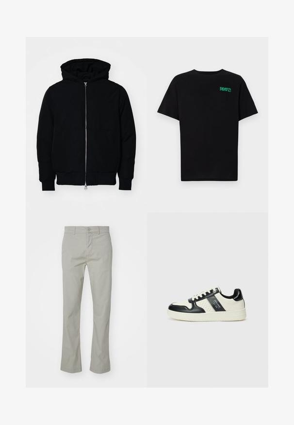 Fekete kapucnis dzseki elülső cipzárral, kenguruzsebbel, bordázott mandzsettákkal és aba, egy sima fehér háttér előtt.; Fekete, pamutból készült póló rövid ujjakkal. Elöl zöld "ROOTS" logóval, kerek nyakkivágással és normál szabással.; Világosszürke pamut chino nadrág, egyenes lábú fazonnal, cipzáras és gombos zárással, valamint elülső zsebekkel. Simasága a hemzsgő szélek miatt érezhető.; Fekete és krém színű bőrsneaker, perforált díszítésekkel, párnázott bokapánttal és texturált talppal.