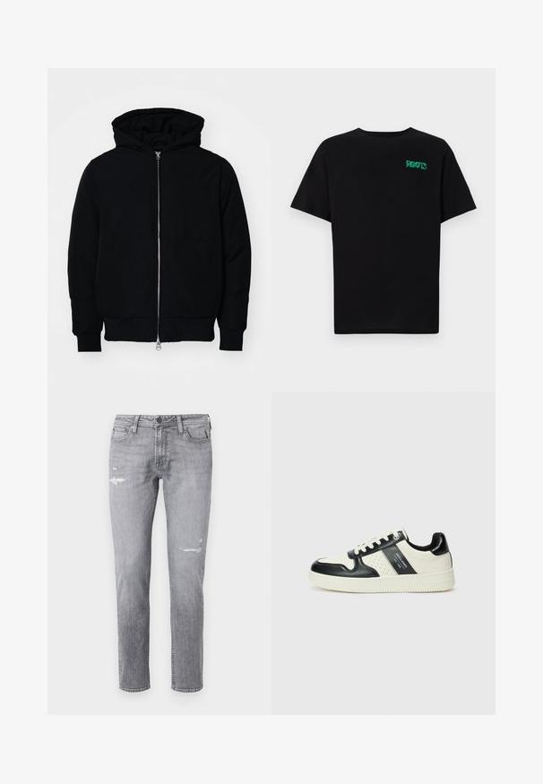 Melna kapucēta jaka ar priekšējo rāvējslēdzēju, kenguru kabatu, ribinātām aprocēm un apakšmalu, parādīta uz vienkārša balta fona.; Melna kokvilnas t-kreka ar īsām piedurknēm. Uz priekšu ir zaļa "ROOTS" logo, apaļa kakla izgriezums un standarta piegriezums.; Gaiši pelēkas džinsi, kas izgatavoti no denima, ar nolietotām vietām un taisnu kāju griezumu. Klasiska piecu kabatu dizains ar metāla furnitūru.; Ādas sporta apavi ar melnbaltu krāsu shēmu, ar perforētiem akcentiem, mīkstinātu apkakli un teksturētu zoli.