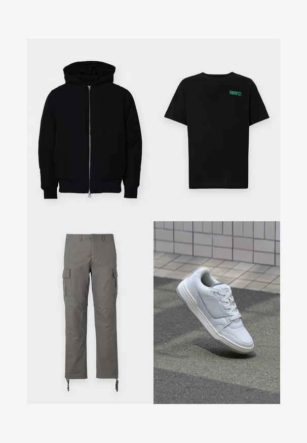 Svart hettejakke med frontglidelås, kengurulomme, ribbestrikket mansjetter og søm, vist på en ensfarget hvit bakgrunn.; svart t-skjorte laget av bomull med korte ermer. Har et grønt "ROOTS"-logo på forsiden, rund halsutringning og standard passform.; Grå cargo-bukser med rett ben-design, flere sideslommer og justerbare toggelukninger ved anklene. Laget av slitesterkt stoff.; Hvite lær sneakers med perforerte sider, teksturerte detaljer, flate lisser og en kontrasterende grå hæl. Har en lite hevet såle.