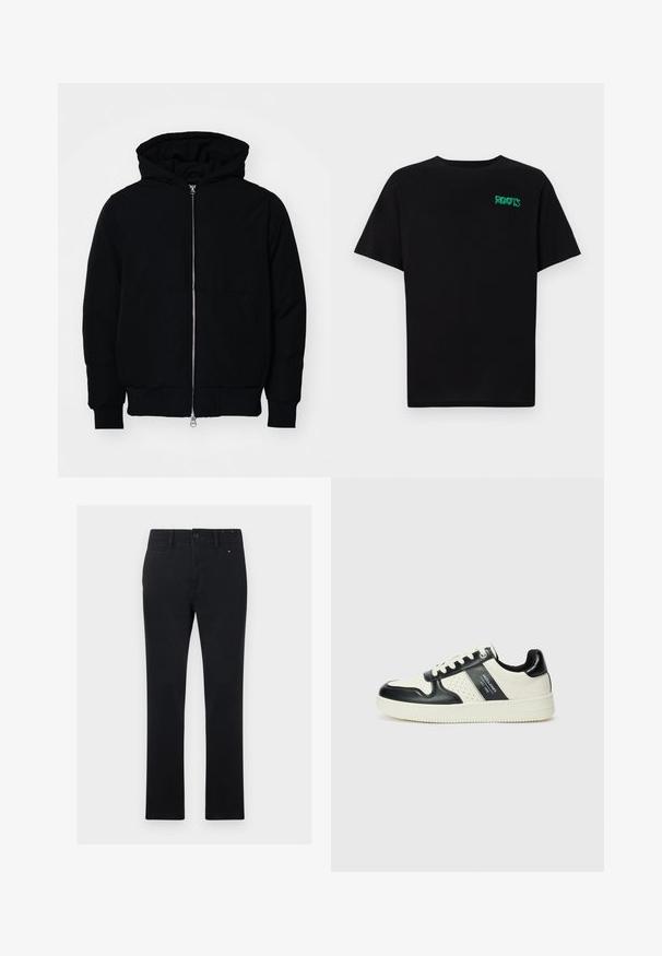 Black hooded jacket with front zipper, kangaroo pocket, ribbed cuffs, and hem, displayed on a plain white background.; Black t-shirt made of cotton with short sleeves. Features a green "ROOTS" logo on the front, round neckline, and standard fit.; Black cotton trousers with a straight cut, featuring a button and zipper closure, five pockets, and subtle stitching details.; Leather sneakers with a black and cream color scheme, featuring perforated accents, a padded collar, and a textured outsole.
