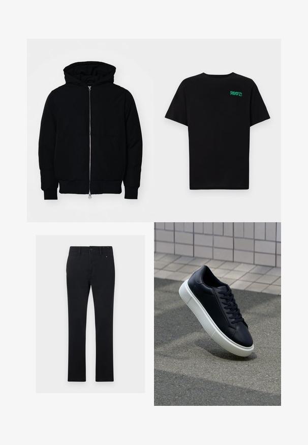 Black hooded jacket with front zipper, kangaroo pocket, ribbed cuffs, and hem, displayed on a plain white background.; Black t-shirt made of cotton with short sleeves. Features a green "ROOTS" logo on the front, round neckline, and standard fit.; Black cotton trousers with a straight cut, featuring a button and zipper closure, five pockets, and subtle stitching details.; Black leather sneaker with rounded toe and white rubber sole. Features flat laces and minimal stitching on the upper. Textured sole for grip.