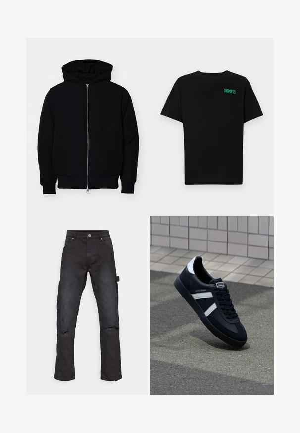 Mustaga kapuutsiga jakk, millel on esineed, kenguru tasku, soonikkoes, ja alläär, esitatud lihtsal valgel taustal.; Must t-särk, mis on valmistatud puuvillast, lühikeste varrukatega. Esipaneelil on roheline "ROOTS" logo, ümmargune kaelus ja tavapärane lõige.; Mustad mustad džinsid, sirge lõikega, purustatud põlvede ja küljetaskuga, valmistatud vastupidavast tekstuurist kangast.; Must have musta sneaker musta valgete triipudega, tekstuurne kummitald ja nööridega esiosa. Omab bränditud märki keele peal.