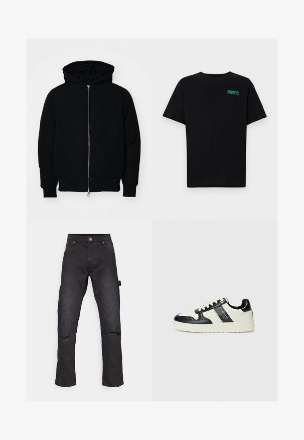 Crna kapuška jakna s prednjim zatvaračem, kenguru džepom, rebrastim manžetama i rubom, prikazana na običnoj bijeloj pozadini.; Crna majica kratkih rukava od pamuka. Na prednjem dijelu se nalazi zeleni "ROOTS" logo, okrugli izrez i standardni kroj.; Crne traperice cargo ravnog kroja s iskriženim koljenima i bočnim džepom, izrađene od čvrstog teksturiranog materijala.; Kožne tenisice s crno-bijelom paletom boja, koje imaju perforirane akcentne detalje, podstavljeni ovratnik i teksturiranu potplat.