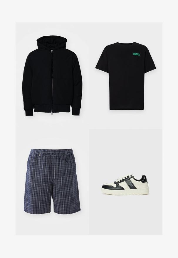 Jachetă neagră cu glugă, cu fermoar în față, buzunar tip kangaroo, mansete și tiv ribbed, prezentată pe un fundal alb simplu.; Tricou negru din bumbac, cu mâneci scurte. Prezintă un logo verde "ROOTS" pe față, guler rotund și o potrivire standard.; Pantaloni scurți în carouri bleumarin cu un talie elastică, dotati cu buzunare și o croială lejeră. Confectionați dintr-un material ușor cu un design în carouri.; Tenisi din piele cu un scheme de culori negru și crem, dotati cu accente perforate, guler căptușit și o talpă texturată.