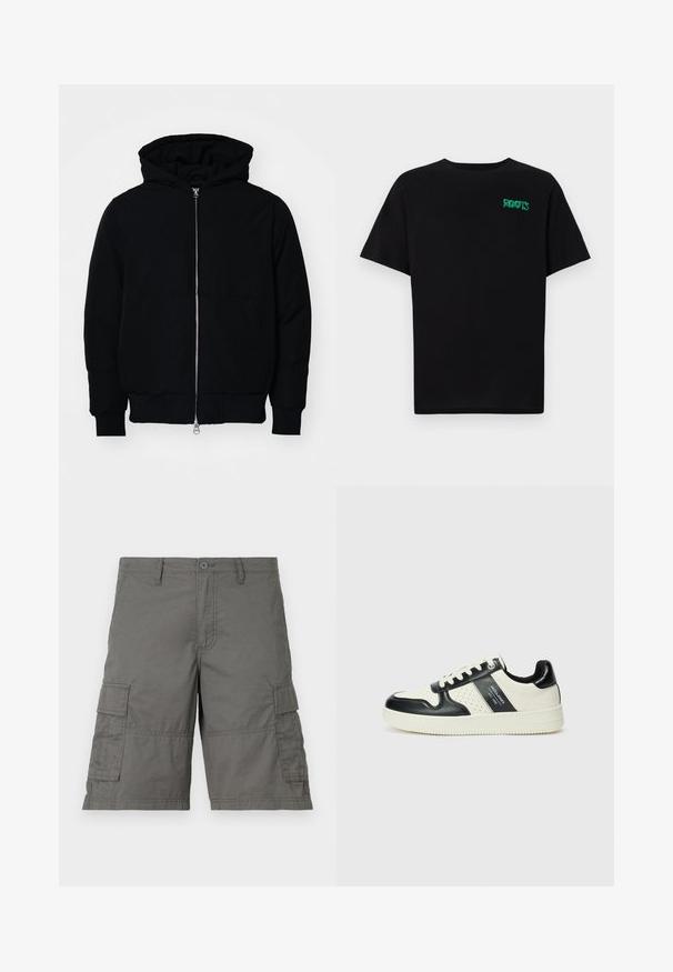 Black hooded jacket with front zipper, kangaroo pocket, ribbed cuffs, and hem, displayed on a plain white background.; Black t-shirt made of cotton with short sleeves. Features a green "ROOTS" logo on the front, round neckline, and standard fit.; Gray cargo shorts featuring a button closure, multiple side pockets, and stitching details. Made from lightweight, durable fabric.; Leather sneakers with a black and cream color scheme, featuring perforated accents, a padded collar, and a textured outsole.