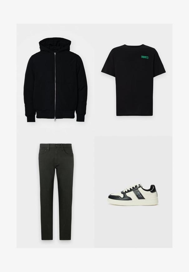 Veste à capuche noire avec fermeture éclair sur le devant, poche kangourou, poignets et ourlet côtelés, présentée sur un fond blanc uni.; T-shirt noir en coton à manches courtes. Présente un logo "ROOTS" vert sur le devant, un col rond et une coupe standard.; Pantalons en coton vert foncé avec une coupe slim. Dotés d'une jambe droite, de poches avant et d'une fermeture à bouton. Texture lisse, détails minimes.; Baskets en cuir avec un schéma de couleurs noir et crème, dotées d'accents perforés, d'un col rembourré et d'une semelle texturée.