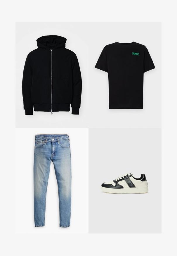 Black hooded jacket with front zipper, kangaroo pocket, ribbed cuffs, and hem, displayed on a plain white background.; Black t-shirt made of cotton with short sleeves. Features a green "ROOTS" logo on the front, round neckline, and standard fit.; Light blue denim jeans with a straight cut, five-pocket design, and contrasting orange stitching. Features a button and zipper closure.; Leather sneakers with a black and cream color scheme, featuring perforated accents, a padded collar, and a textured outsole.