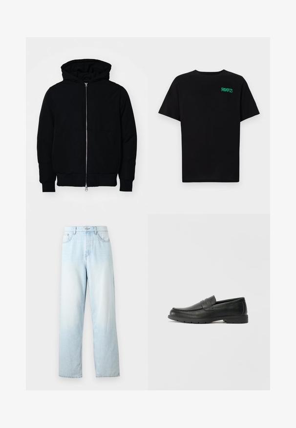 Black hooded jacket with front zipper, kangaroo pocket, ribbed cuffs, and hem, displayed on a plain white background.; Black t-shirt made of cotton with short sleeves. Features a green "ROOTS" logo on the front, round neckline, and standard fit.; Light blue high-waisted jeans with a straight leg silhouette, made of denim. Features classic five-pocket design and a subtle fading effect.; Black leather loafers with a smooth finish, moccasin-style upper, stitched detailing, and a rubber sole. Classic design with a low heel.