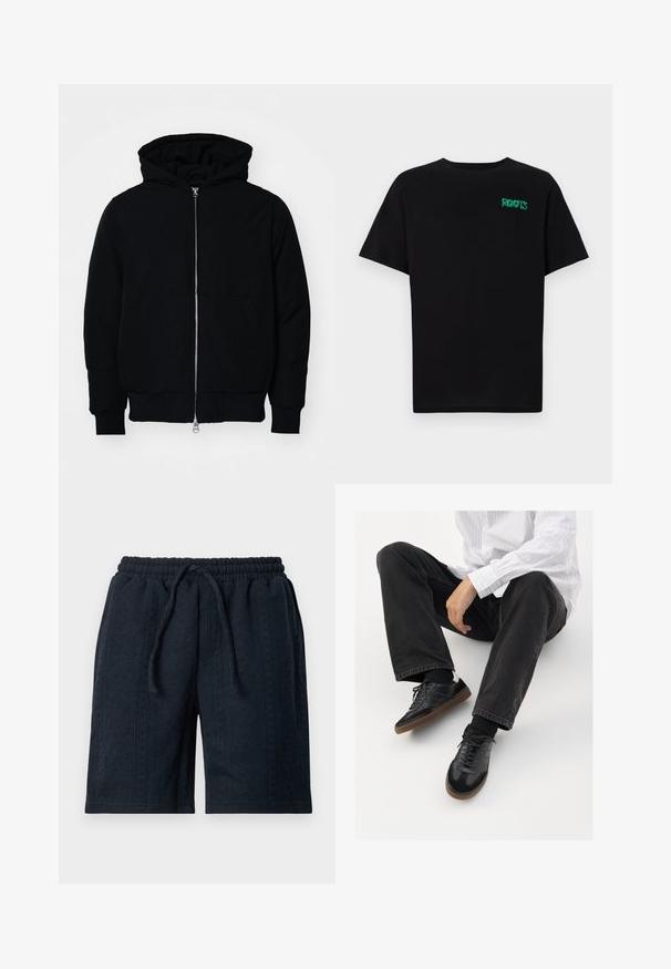 Črna kapuca jakna s sprednjim zadrgo, kenguru žepom, rebrastimi manšetami in hemom, razstavljena na enostavni beli ozadju.; Črna majica iz bombaža z kratkimi rokavi. Na sprednji strani ima zeleno logotip "ROOTS", okroglo ovratnico in standardno prileganje.; Temno modri šorts s teksturirano tkanino, elastičnim pasom in vrvico. Imajo subtilen vzorec po celotni površini.; Črne superge z gladkim in strukturiranim zgornjim delom, ki vključuje gumijast podplat in temne vezalke. Uvrščene so z štručasto črnimi kavbojkami in belo črtasto majico.
