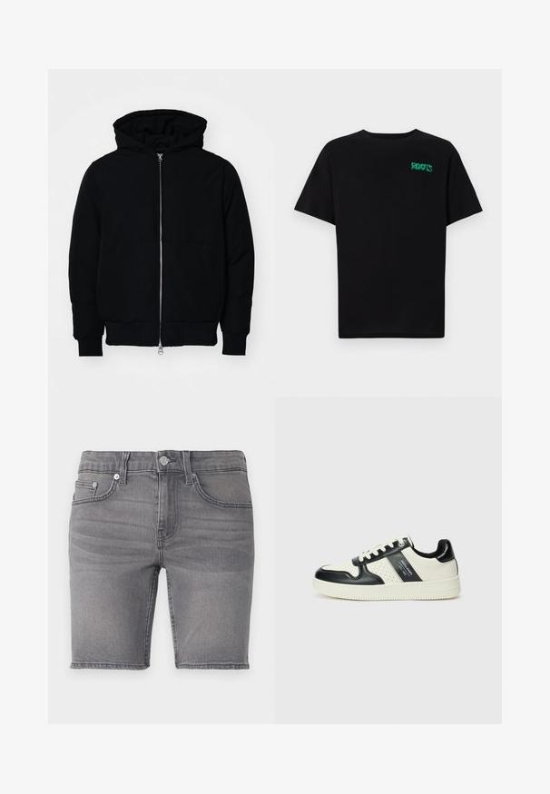 Giacca nera con cappuccio, dotata di zip frontale, tasca a marsupio, polsini e orlo a coste, esposta su uno sfondo bianco semplice.; T-shirt nera in cotone con maniche corte. Presenta un logo verde "ROOTS" sulla parte frontale, colletto rotondo e vestibilità standard.; Shorts in denim grigio con design a cinque tasche, chiusura zip, accessori in argento e una texture leggermente sbiadita. Orlo tagliato sopra il ginocchio.; Sneakers in pelle con una combinazione di colori nero e crema, dotati di dettagli perforati, collare imbottito e suola testurizzata.