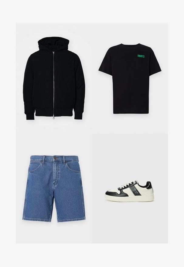 Fekete kapucnis dzseki elülső cipzárral, kenguruzsebbel, bordázott mandzsettákkal és aba, egy sima fehér háttér előtt.; Fekete, pamutból készült póló rövid ujjakkal. Elöl zöld "ROOTS" logóval, kerek nyakkivágással és normál szabással.; Középkék farmer rövidnadrág klasszikus szabással. Öt zseb, fémből készült gombzár és eltérő színű varrás a szegélyeken.; Fekete és krém színű bőrsneaker, perforált díszítésekkel, párnázott bokapánttal és texturált talppal.