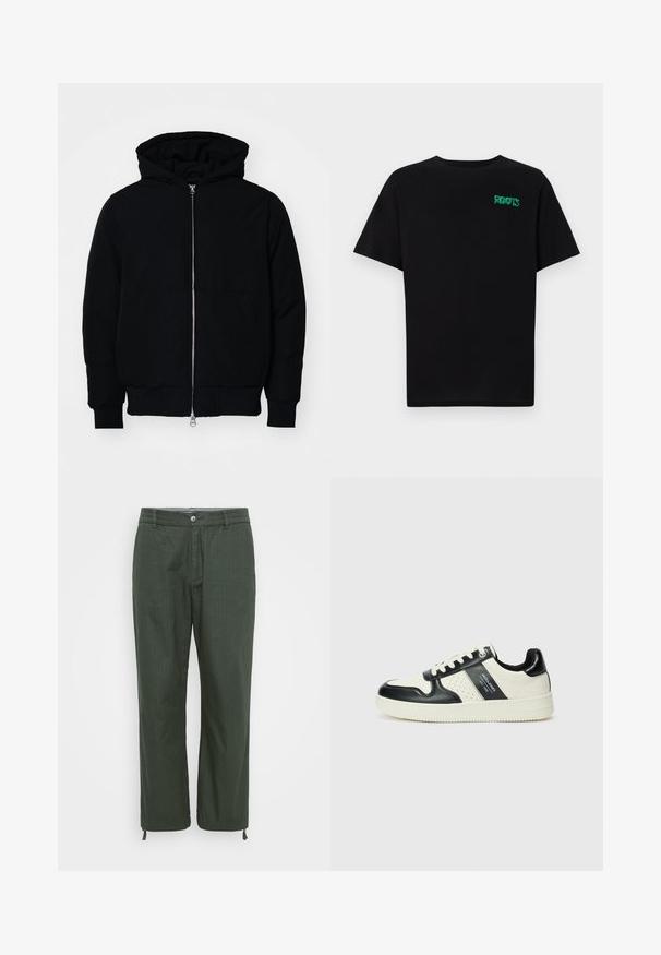 Veste à capuche noire avec fermeture éclair sur le devant, poche kangourou, poignets et ourlet côtelés, présentée sur un fond blanc uni.; T-shirt noir en coton à manches courtes. Présente un logo "ROOTS" vert sur le devant, un col rond et une coupe standard.; Pantalons en vert foncé, en tissu lisse. Design à jambe droite avec fermeture à bouton, cordons de serrage réglables à l'ourlet.; Baskets en cuir avec un schéma de couleurs noir et crème, dotées d'accents perforés, d'un col rembourré et d'une semelle texturée.