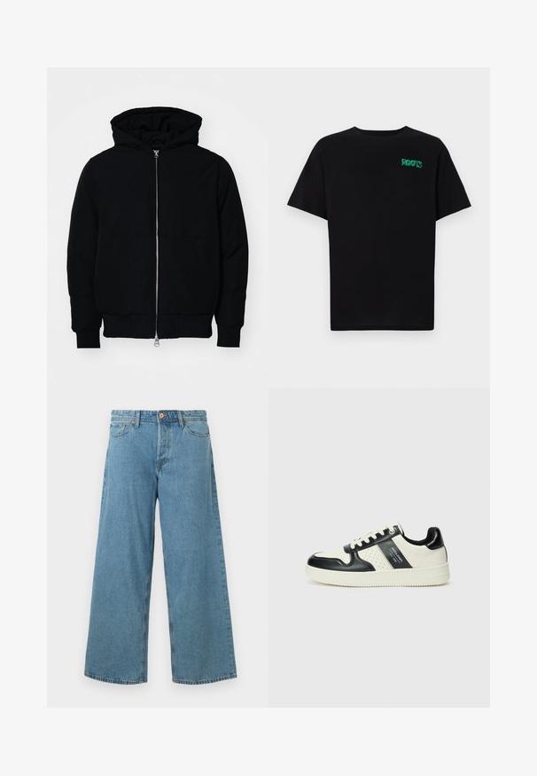 Čierna kapucňová bunda s predným zipsom, klokaními vreckami, rebrovanými manžetami a lemom, zobrazená na bielom pozadí.; Čierne tričko s krátkymi rukávmi vyrobené z bavlny. Na prednej strane má zelené logo "ROOTS", okrúhly výstrih a štandardný strih.; Svetlomodré široké džínsy s vysokým pásom, so zapínaním na prednej strane a vreckami, vystavené na jednoduchej bielej pozadí.; Kožené tenisky v čierno-krémovej farbe, s perforovanými akcentmi, polstrovaným golierom a štruktúrovanou podrážkou.