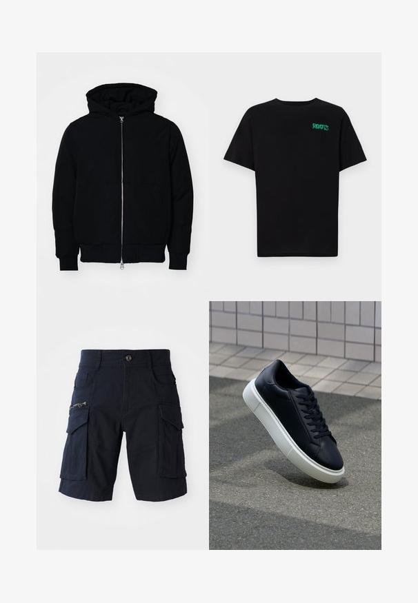 Črna kapuca jakna s sprednjim zadrgo, kenguru žepom, rebrastimi manšetami in hemom, razstavljena na enostavni beli ozadju.; Črna majica iz bombaža z kratkimi rokavi. Na sprednji strani ima zeleno logotip "ROOTS", okroglo ovratnico in standardno prileganje.; Mornarske cargo kratke hlače z več žepi, vključno s stranskim žepom z zadrgo, trpežno tkanino, ravnim krojem in obliko, dolžo do kolen.; Črne usnjene superge z zaobljenim prstom in belim gumijastim podplat. Imajo ravne vezalke in minimalno šivanje na zgornjem delu. Teksturirani podplat za oprijem.