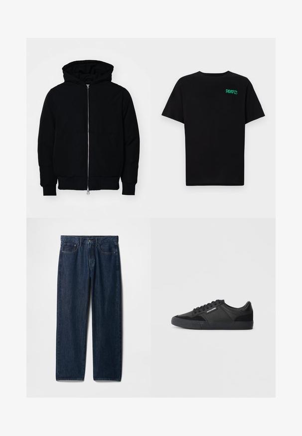 Sort hættejakke med frontlynlås, kængurulomme, ribbede manchetter og kant, præsenteret på en ensfarvet hvid baggrund.; Sort t-shirt lavet af bomuld med korte ærmer. Har et grønt "ROOTS" logo på forsiden, rund halsudskæring og almindelig pasform.; Mørkeblå denimjeans med lige ben, fem lommer, lukkes med knap foroven og synlige sømme langs sømkanten.; Sorte sneakers lavet af en blanding af læder og ruskind, med runde snørebånd, struktureret gummisål og et brandlogo på siden.