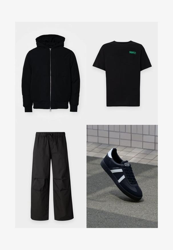 Schwarze Kapuzenjacke mit Frontreißverschluss, Kängurutasche, gerippten Bündchen und Saum, auf einem schlichten weißen Hintergrund präsentiert.; Schwarzes T-Shirt aus Baumwolle mit kurzen Ärmeln. Auf der Vorderseite befindet sich ein grünes "ROOTS"-Logo, es hat einen runden Halsauschnitt und eine normale Passform.; Schwarze weit geschnittene Hose aus leichtem Material, mit einem elastischen Bund und Zugband sowie Kniepaneelen.; Schwarze Leder-Sneaker mit weißen Streifen, strukturiertem Gummisohle und Schnürung. Verfügt über ein Markenetikett auf der Zunge.