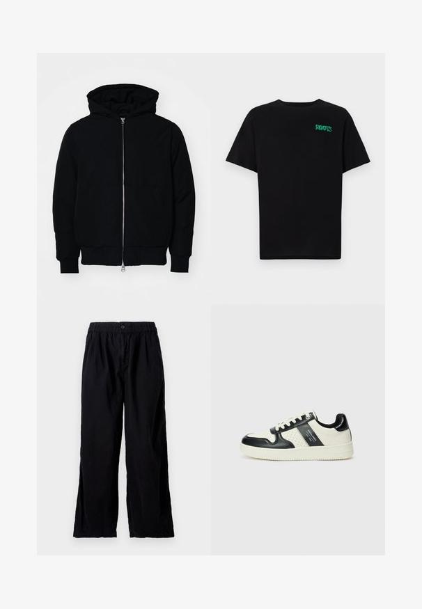 Svart huoodiejacka med framdragkedja, känguruficka, ribbade ärmslut och nederkant, uppställd mot en vit bakgrund.; Svart t-shirt i bomull med korta ärmar. Har en grön "ROOTS" logotyp på framsidan, rund halsringning och standard passform.; Svarta byxor gjorda av lättviktigt tyg, med elastisk midja, knappstängning, lös passform och lätt textur. Inga synliga mönster eller detaljer.; Läder sneakers med en svart och krämfärgad färgsättning, med perforerade detaljer, en vadderad krage och en strukturerad yttersula.