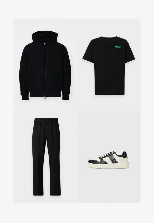 Čierna kapucňová bunda s predným zipsom, klokaními vreckami, rebrovanými manžetami a lemom, zobrazená na bielom pozadí.; Čierne tričko s krátkymi rukávmi vyrobené z bavlny. Na prednej strane má zelené logo "ROOTS", okrúhly výstrih a štandardný strih.; Čierne nohavice s elastickým pásom a rovnými nohavicami, majú hladkú textúru a žiadne viditeľné vzory ani kovové doplnky.; Kožené tenisky v čierno-krémovej farbe, s perforovanými akcentmi, polstrovaným golierom a štruktúrovanou podrážkou.