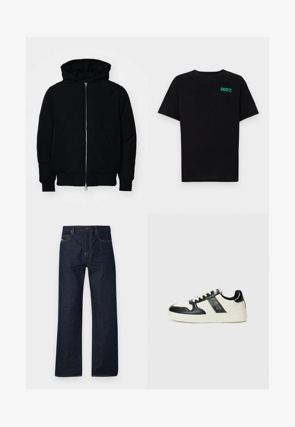 Sort hættejakke med frontlynlås, kængurulomme, ribbede manchetter og kant, præsenteret på en ensfarvet hvid baggrund.; Sort t-shirt lavet af bomuld med korte ærmer. Har et grønt "ROOTS" logo på forsiden, rund halsudskæring og almindelig pasform.; Mørkeblå denim jeans med lige ben, kontrastfarvet gul syning, et klassisk five-pocket design og en knappelukning i taljen.; Lædersneakers i sort og creme farveskema, med perforerede detaljer, en polstret krave og en struktureret ydersål.