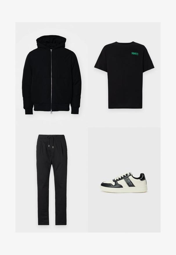 Schwarze Kapuzenjacke mit Frontreißverschluss, Kängurutasche, gerippten Bündchen und Saum, auf einem schlichten weißen Hintergrund präsentiert.; Schwarzes T-Shirt aus Baumwolle mit kurzen Ärmeln. Auf der Vorderseite befindet sich ein grünes "ROOTS"-Logo, es hat einen runden Halsauschnitt und eine normale Passform.; Schwarze, leichte Hosen mit elastischem Bund, Kordelzugverschluss und zwei Fronttaschen. Glatte Textur mit taillierter Passform.; Leder-Sneaker in Schwarz- und Cremetönen, mit perforierten Akzenten, einem gepolsterten Kragen und einer strukturierten Laufsohle.