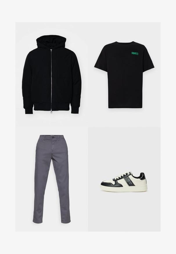 Sort hættejakke med frontlynlås, kængurulomme, ribbede manchetter og kant, præsenteret på en ensfarvet hvid baggrund.; Sort t-shirt lavet af bomuld med korte ærmer. Har et grønt "ROOTS" logo på forsiden, rund halsudskæring og almindelig pasform.; Grå bomuldsbukser med lige snit, udstyret med knaplukning, bæltestropper og sidelommer. Glat tekstur og ingen synlige mønstre.; Lædersneakers i sort og creme farveskema, med perforerede detaljer, en polstret krave og en struktureret ydersål.