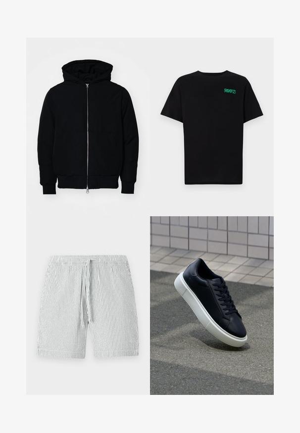 Veste à capuche noire avec fermeture éclair sur le devant, poche kangourou, poignets et ourlet côtelés, présentée sur un fond blanc uni.; T-shirt noir en coton à manches courtes. Présente un logo "ROOTS" vert sur le devant, un col rond et une coupe standard.; Shorts de bain rayés en gris et blanc, avec une taille élastique à cordon de serrage, conception mi-longue et matériau doux et léger.; Baskets noires en cuir avec bout arrondi et semelle en caoutchouc blanc. Elles présentent des lacets plats et une couture minimale sur la tige. Semelle texturée pour une bonne adhérence.