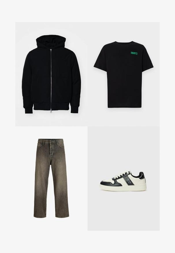 Czarna kurtka z kapturem, z suwakiem z przodu, kieszenią kangurką, ściągaczami przy mankietach i dolnym brzegu, prezentowana na jednolitym białym tle.; Czarna koszulka z bawełny z krótkim rękawem. Posiada zielone logo "ROOTS" z przodu, okrągły dekolt i standardowy krój.; Ciemnoszare dżinsy typu wide-leg z wyblakłym wykończeniem, pięcioma kieszeniami, zapięciem na guziki i wrębami na pasek. Wykonane z trwałego materiału dżinsowego.; Skórzane sneakersy w czarno-kremowym schemacie kolorystycznym, z perforowanymi akcentami, wyściełanym kołnierzem i teksturowaną podeszwą.