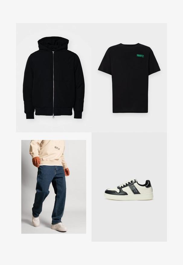 Giacca nera con cappuccio, dotata di zip frontale, tasca a marsupio, polsini e orlo a coste, esposta su uno sfondo bianco semplice.; T-shirt nera in cotone con maniche corte. Presenta un logo verde "ROOTS" sulla parte frontale, colletto rotondo e vestibilità standard.; Jeans in denim blu con vestibilità ampia, dotati di una zip standard e cuciture a contrasto, abbinati a sneakers bianco sporco e a una felpa beige chiaro.; Sneakers in pelle con una combinazione di colori nero e crema, dotati di dettagli perforati, collare imbottito e suola testurizzata.