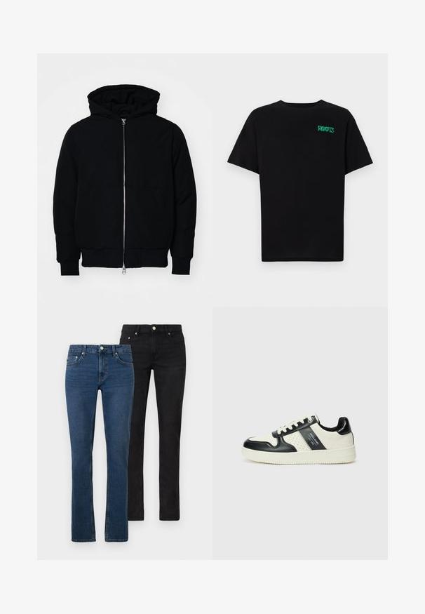 Chaqueta negra con capucha, cierre frontal, bolsillo tipo canguro, y puños y dobladillo acanalados, exhibida sobre un fondo blanco liso.; Camiseta negra de algodón con mangas cortas. Presenta un logo verde "ROOTS" en el frente, escote redondo y corte estándar.; Dos pares de jeans: uno de color azul claro y otro negro. Ambos son de pierna recta, están hechos de denim, con bolsillos frontales y acentos de botones metálicos.; Zapatillas de cuero con un esquema de colores negro y crema, que cuentan con acentos perforados, un collar acolchado y una suela texturizada.