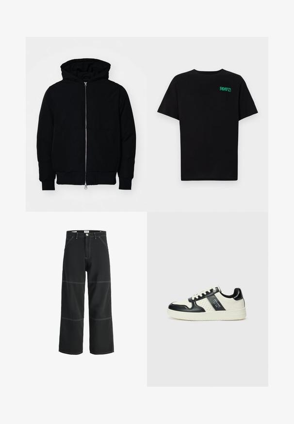 Schwarze Kapuzenjacke mit Frontreißverschluss, Kängurutasche, gerippten Bündchen und Saum, auf einem schlichten weißen Hintergrund präsentiert.; Schwarzes T-Shirt aus Baumwolle mit kurzen Ärmeln. Auf der Vorderseite befindet sich ein grünes "ROOTS"-Logo, es hat einen runden Halsauschnitt und eine normale Passform.; Schwarze, weit geschnittene Hosen aus strapazierfähigem Stoff, mit kontrastierenden weißen Nähten, zwei Fronttaschen und einem einknopfigen Bundverschluss.; Leder-Sneaker in Schwarz- und Cremetönen, mit perforierten Akzenten, einem gepolsterten Kragen und einer strukturierten Laufsohle.