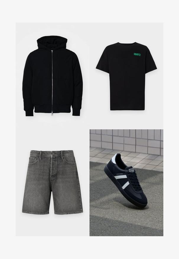 Črna kapuca jakna s sprednjim zadrgo, kenguru žepom, rebrastimi manšetami in hemom, razstavljena na enostavni beli ozadju.; Črna majica iz bombaža z kratkimi rokavi. Na sprednji strani ima zeleno logotip "ROOTS", okroglo ovratnico in standardno prileganje.; Temno sivi denim kratki hlače s klasičnim petimi žepi, z gumbom in zadrgo, ravnim krojem ter z rahlo zbledelim videzom po celotni površini.; Črne usnjene superge z belimi črtami, teksturiran gumijast podplat in zavezovanje spredaj. Imajo označeno oznako na ježku.