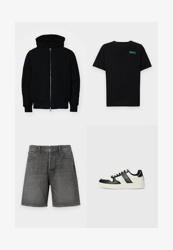 Jachetă neagră cu glugă, cu fermoar în față, buzunar tip kangaroo, mansete și tiv ribbed, prezentată pe un fundal alb simplu.; Tricou negru din bumbac, cu mâneci scurte. Prezintă un logo verde "ROOTS" pe față, guler rotund și o potrivire standard.; Șorturi din denim gri închis cu un design clasic cu cinci buzunare, închidere cu nasture și fermoar, croială dreaptă și o ușoară textură de estompare pe întreaga suprafață.; Tenisi din piele cu un scheme de culori negru și crem, dotati cu accente perforate, guler căptușit și o talpă texturată.