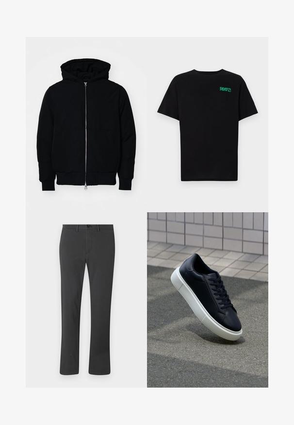 Mustat huppu-untuvatakki, jossa on vetoketju edessä, kenguru-tasku, ribatut hihansuut ja helma, esillä yksinkertaisella valkoisella taustalla.; Mustat t-paidat, jotka on valmistettu puuvillasta ja joissa on lyhyet hihat. Edessä vihreä "ROOTS"-logo, pyöreä kaula-aukko ja normaali istuvuus.; Mustat housut, jotka on valmistettu sileästä kankaasta, suoran lahkeen mallilla, vetoketjukiinnityksellä, nappikiinnityksellä ja vyölenkeillä. Perus- ja toiminnallinen tyyli.; Mustat nahkakengät, joissa on pyöristetty kärki ja valkoinen kumipohja. Varusteena litteät nauhat ja minimaalinen ommel ylhäällä. Teksturoitu pohja pitävyyden lisäämiseksi.