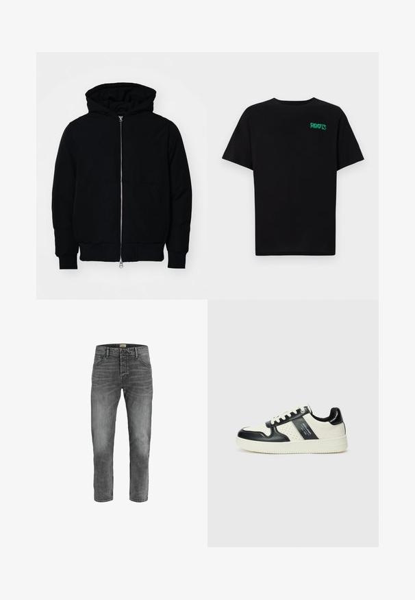 Svart hettejakke med frontglidelås, kengurulomme, ribbestrikket mansjetter og søm, vist på en ensfarget hvit bakgrunn.; svart t-skjorte laget av bomull med korte ermer. Har et grønt "ROOTS"-logo på forsiden, rund halsutringning og standard passform.; Grå denimjeans med rett ben-design. Har fem lommer, knappestang og subtile falminger med en strukturert finish.; Lædersneakers med sort og creme farveskema, der har perforerede detaljer, en polstret krave og en struktureret ydersål.