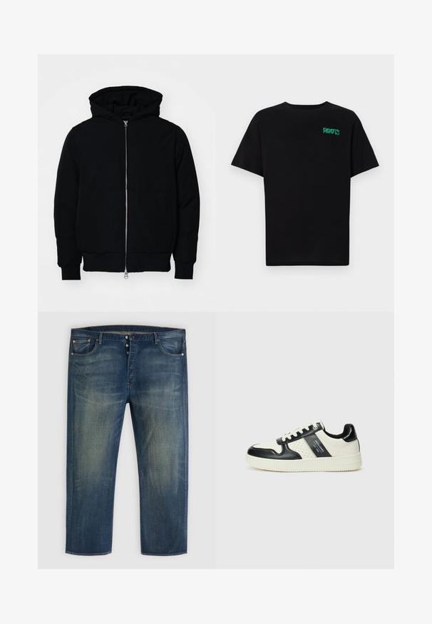 Giacca nera con cappuccio, dotata di zip frontale, tasca a marsupio, polsini e orlo a coste, esposta su uno sfondo bianco semplice.; T-shirt nera in cotone con maniche corte. Presenta un logo verde "ROOTS" sulla parte frontale, colletto rotondo e vestibilità standard.; Jeans in denim blu con chiusura a bottoni, design classico a cinque tasche e dettagli sbiaditi su cosce e ginocchia.; Sneakers in pelle con una combinazione di colori nero e crema, dotati di dettagli perforati, collare imbottito e suola testurizzata.