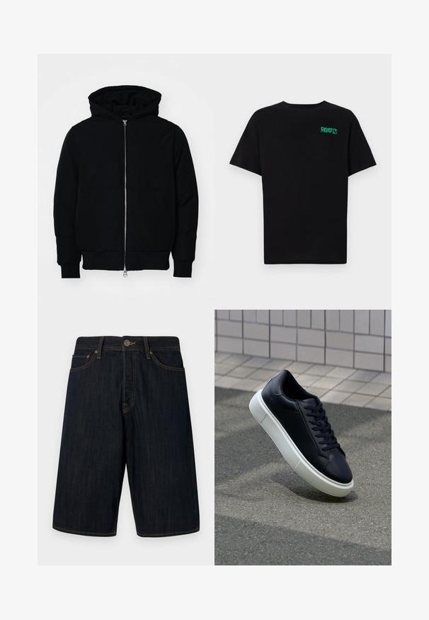 Black hooded jacket with front zipper, kangaroo pocket, ribbed cuffs, and hem, displayed on a plain white background.; Black t-shirt made of cotton with short sleeves. Features a green "ROOTS" logo on the front, round neckline, and standard fit.; Dark denim shorts with a straight cut, featuring yellow stitching, five pockets, and a front button closure. Smooth texture.; Black leather sneaker with rounded toe and white rubber sole. Features flat laces and minimal stitching on the upper. Textured sole for grip.