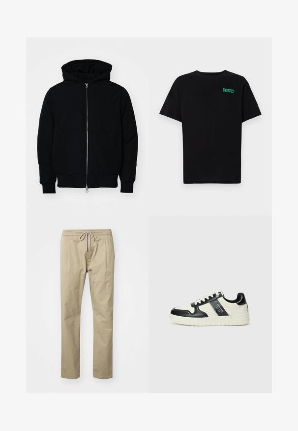 Zwarte hoodie met rits aan de voorkant, kangoeroe-pocket, geribbelde manchetten en zoom, weergegeven op een effen witte achtergrond.; Zwarte T-shirt van katoen met korte mouwen. Heeft een groen "ROOTS" logo op de voorkant, een ronde halslijn en een standaard pasvorm.; Beige chinos van een katoenmix, met een elastische tailleband met een trekkoord, en zijplooien voor extra comfort en stijl.; Leren sneakers met een zwart en crèmekleurig kleurenschema, voorzien van geperforeerde accenten, een gevoerde kraag en een gestructureerde buitenzool.