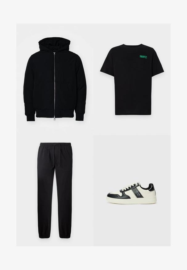 Schwarze Kapuzenjacke mit Frontreißverschluss, Kängurutasche, gerippten Bündchen und Saum, auf einem schlichten weißen Hintergrund präsentiert.; Schwarzes T-Shirt aus Baumwolle mit kurzen Ärmeln. Auf der Vorderseite befindet sich ein grünes "ROOTS"-Logo, es hat einen runden Halsauschnitt und eine normale Passform.; Schwarze Jogginghosen mit elastischem Bund und verstellbarem Kordelzug. Schmal zulaufende Bündchen und glattes Material. Keine sichtbaren Taschen oder Muster.; Leder-Sneaker in Schwarz- und Cremetönen, mit perforierten Akzenten, einem gepolsterten Kragen und einer strukturierten Laufsohle.