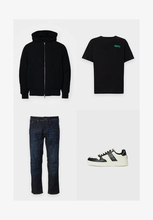 Black hooded jacket with front zipper, kangaroo pocket, ribbed cuffs, and hem, displayed on a plain white background.; Black t-shirt made of cotton with short sleeves. Features a green "ROOTS" logo on the front, round neckline, and standard fit.; Dark blue denim jeans with light stitching, five pockets, and a straight-leg design. Features reinforced knee sections for durability.; Leather sneakers with a black and cream color scheme, featuring perforated accents, a padded collar, and a textured outsole.