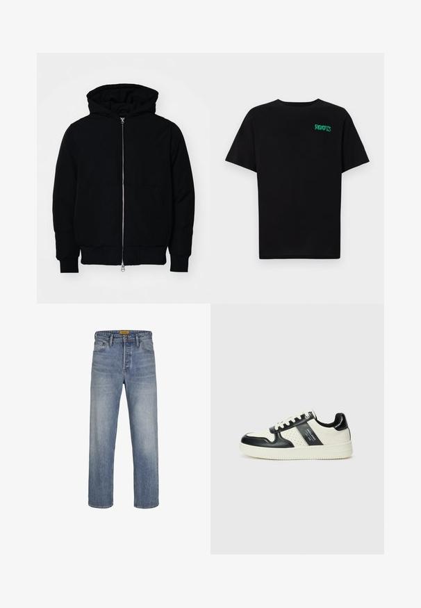 Crna kapuška jakna s prednjim zatvaračem, kenguru džepom, rebrastim manžetama i rubom, prikazana na običnoj bijeloj pozadini.; Crna majica kratkih rukava od pamuka. Na prednjem dijelu se nalazi zeleni "ROOTS" logo, okrugli izrez i standardni kroj.; Svijetloplave traperice ravnog kroja, izrađene od denima, s izblijedjelim pranjem, dizajnom s pet džepova, petljama za remen i zatvaranjem na munje s dugmetom.; Kožne tenisice s crno-bijelom paletom boja, koje imaju perforirane akcentne detalje, podstavljeni ovratnik i teksturiranu potplat.
