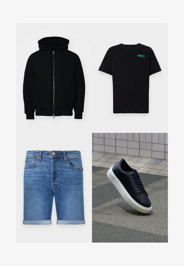 Zwarte hoodie met rits aan de voorkant, kangoeroe-pocket, geribbelde manchetten en zoom, weergegeven op een effen witte achtergrond.; Zwarte T-shirt van katoen met korte mouwen. Heeft een groen "ROOTS" logo op de voorkant, een ronde halslijn en een standaard pasvorm.; Denim shorts in een middelblauwe tint met opgerolde boorden, vijf-pocket ontwerp, messing knoopsluiting en contrasterende stiksels.; Zwarte leren sneaker met een ronde neus en een witte rubberen zool. Voorzien van platte veters en minimale stiksels op het bovenwerk. Textuurrijke zool voor grip.