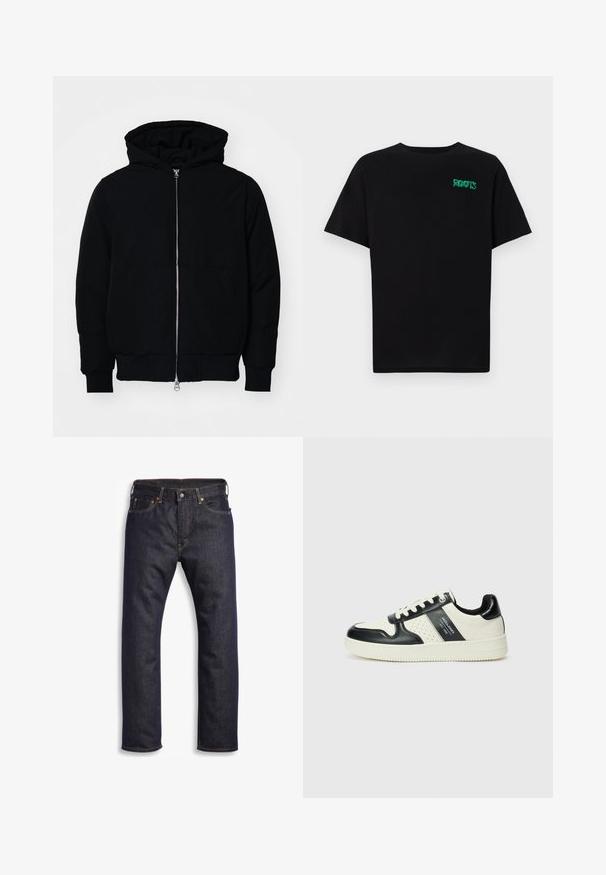 Czarna kurtka z kapturem, z suwakiem z przodu, kieszenią kangurką, ściągaczami przy mankietach i dolnym brzegu, prezentowana na jednolitym białym tle.; Czarna koszulka z bawełny z krótkim rękawem. Posiada zielone logo "ROOTS" z przodu, okrągły dekolt i standardowy krój.; Ciemnoniebieskie dżinsy o prostym kroju, z pięcioma kieszeniami, metalowymi elementami i kontrastującymi pomarańczowymi stworzami. Gładka tekstura, brak widocznych wzorów.; Skórzane sneakersy w czarno-kremowym schemacie kolorystycznym, z perforowanymi akcentami, wyściełanym kołnierzem i teksturowaną podeszwą.