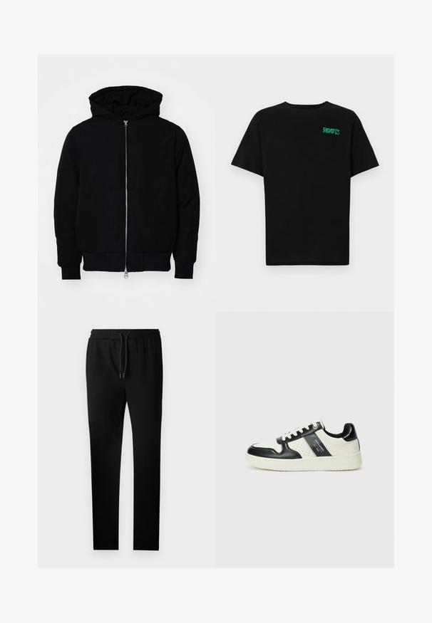Black hooded jacket with front zipper, kangaroo pocket, ribbed cuffs, and hem, displayed on a plain white background.; Black t-shirt made of cotton with short sleeves. Features a green "ROOTS" logo on the front, round neckline, and standard fit.; Black jogger pants with a tailored fit, elastic waistband, and drawstring. Made from soft fabric with a smooth texture and no visible patterns.; Leather sneakers with a black and cream color scheme, featuring perforated accents, a padded collar, and a textured outsole.