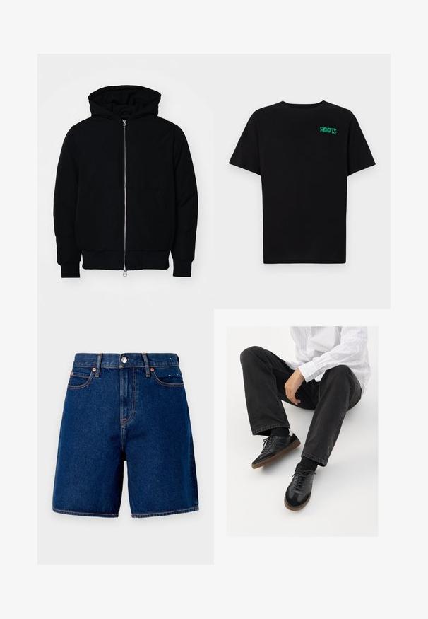 Svart hettejakke med frontglidelås, kengurulomme, ribbestrikket mansjetter og søm, vist på en ensfarget hvit bakgrunn.; svart t-skjorte laget av bomull med korte ermer. Har et grønt "ROOTS"-logo på forsiden, rund halsutringning og standard passform.; Mørkeblå denimshorts med middels høyde på livet, fem lommer, kobberdetaljer, og kontrasterende oransje sømdetaljer.; Svarte joggesko med en glatt og teksturert overflate, med gummisåle og mørke snører. Kombinert med svarte jeans og en hvit stripet skjorte.