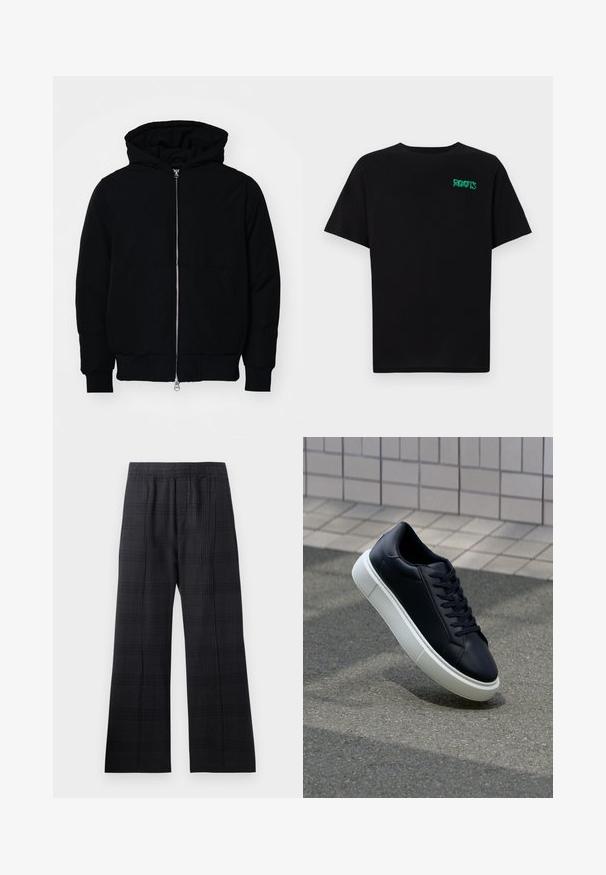 Giacca nera con cappuccio, dotata di zip frontale, tasca a marsupio, polsini e orlo a coste, esposta su uno sfondo bianco semplice.; T-shirt nera in cotone con maniche corte. Presenta un logo verde "ROOTS" sulla parte frontale, colletto rotondo e vestibilità standard.; Pantaloni a quadri neri con vita elastica, design a gamba larga, tessuto testurizzato e delicato motivo a scacchi su tutta la superficie.; Sneaker in pelle nera con punta arrotondata e suola in gomma bianca. Presenta lacci piatti e cuciture minime sulla parte superiore. Suola testurizzata per una migliore aderenza.